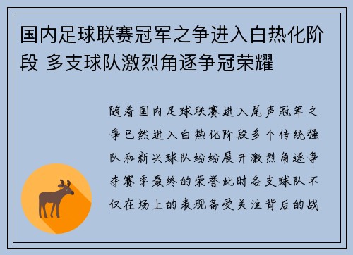 国内足球联赛冠军之争进入白热化阶段 多支球队激烈角逐争冠荣耀