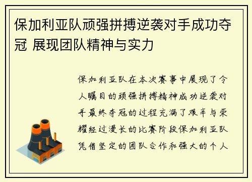 保加利亚队顽强拼搏逆袭对手成功夺冠 展现团队精神与实力