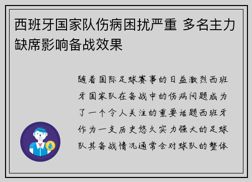 西班牙国家队伤病困扰严重 多名主力缺席影响备战效果