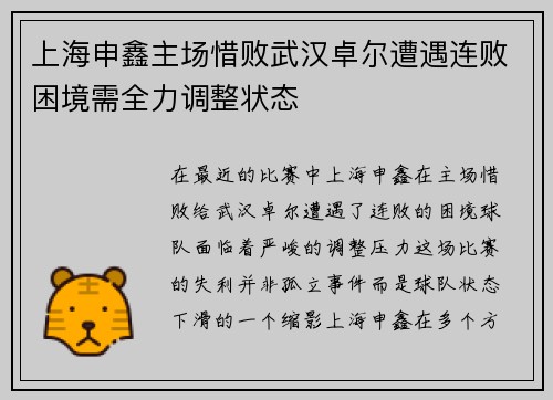 上海申鑫主场惜败武汉卓尔遭遇连败困境需全力调整状态