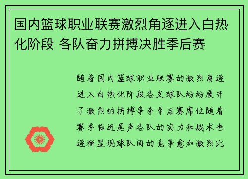 国内篮球职业联赛激烈角逐进入白热化阶段 各队奋力拼搏决胜季后赛
