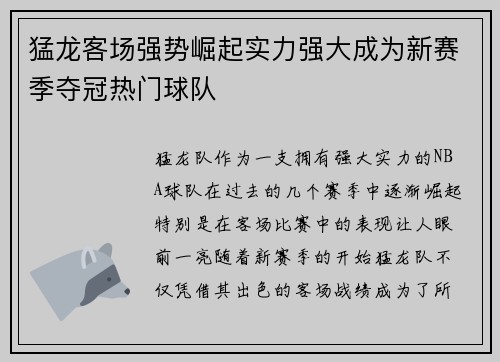 猛龙客场强势崛起实力强大成为新赛季夺冠热门球队