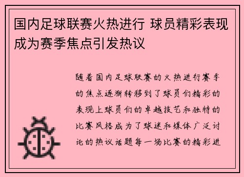 国内足球联赛火热进行 球员精彩表现成为赛季焦点引发热议